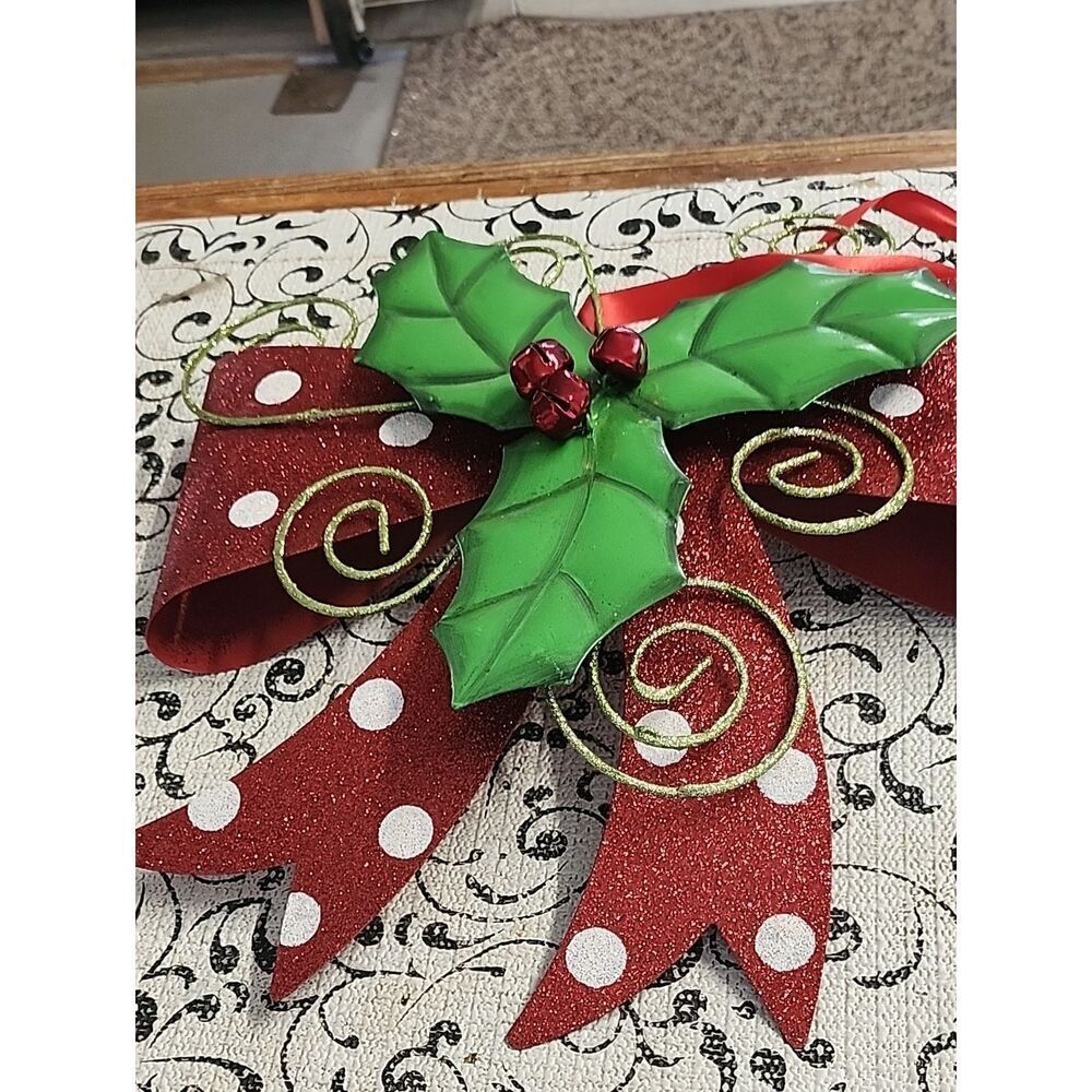 Holiday Red Polka Dot Bow with Green Holly Door Decration